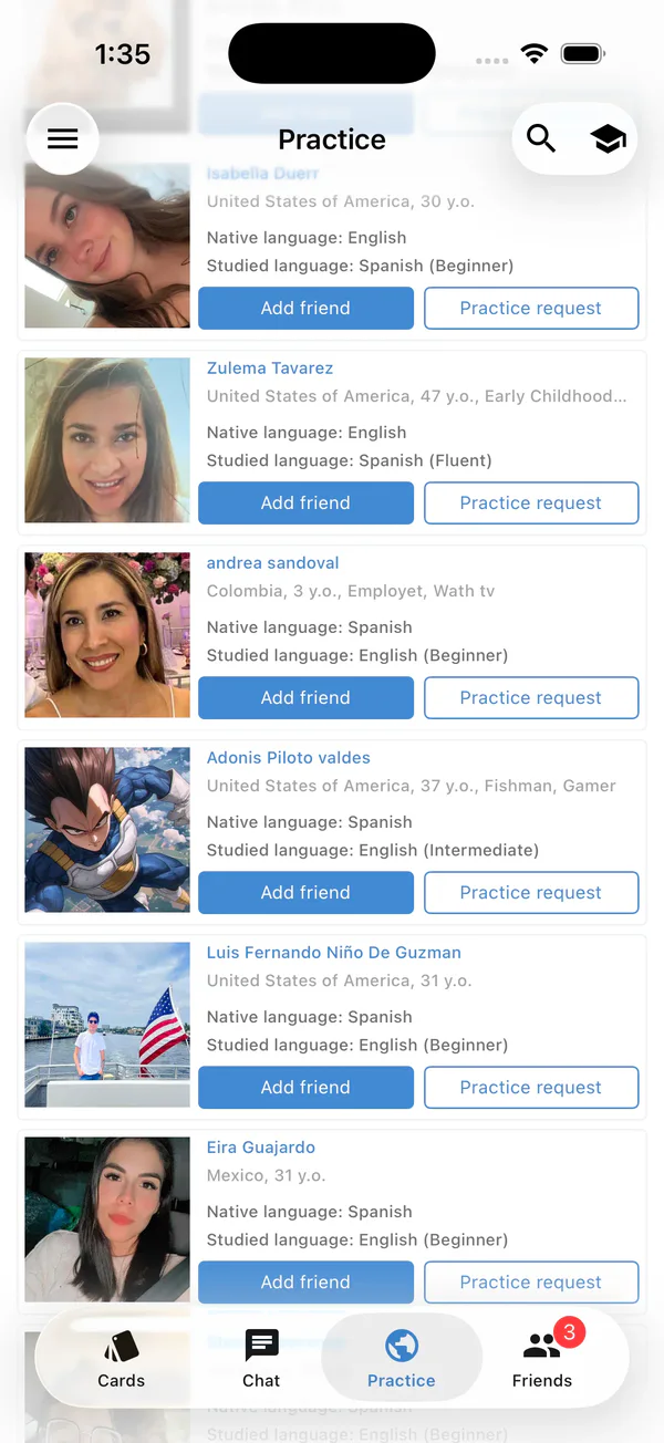 The Lingocard mobile app speaking-practice screen - a conversation with a practice partner on iPhone