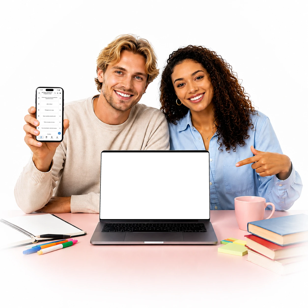 A language learner using the Lingocard mobile app and a teacher showing the Lingocard web dashboard on her laptop.